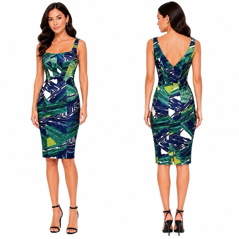 JAX Blue Green Abstract Print Sheath Sleeveless V-Back Dress Sz 8 Cocktail Dress